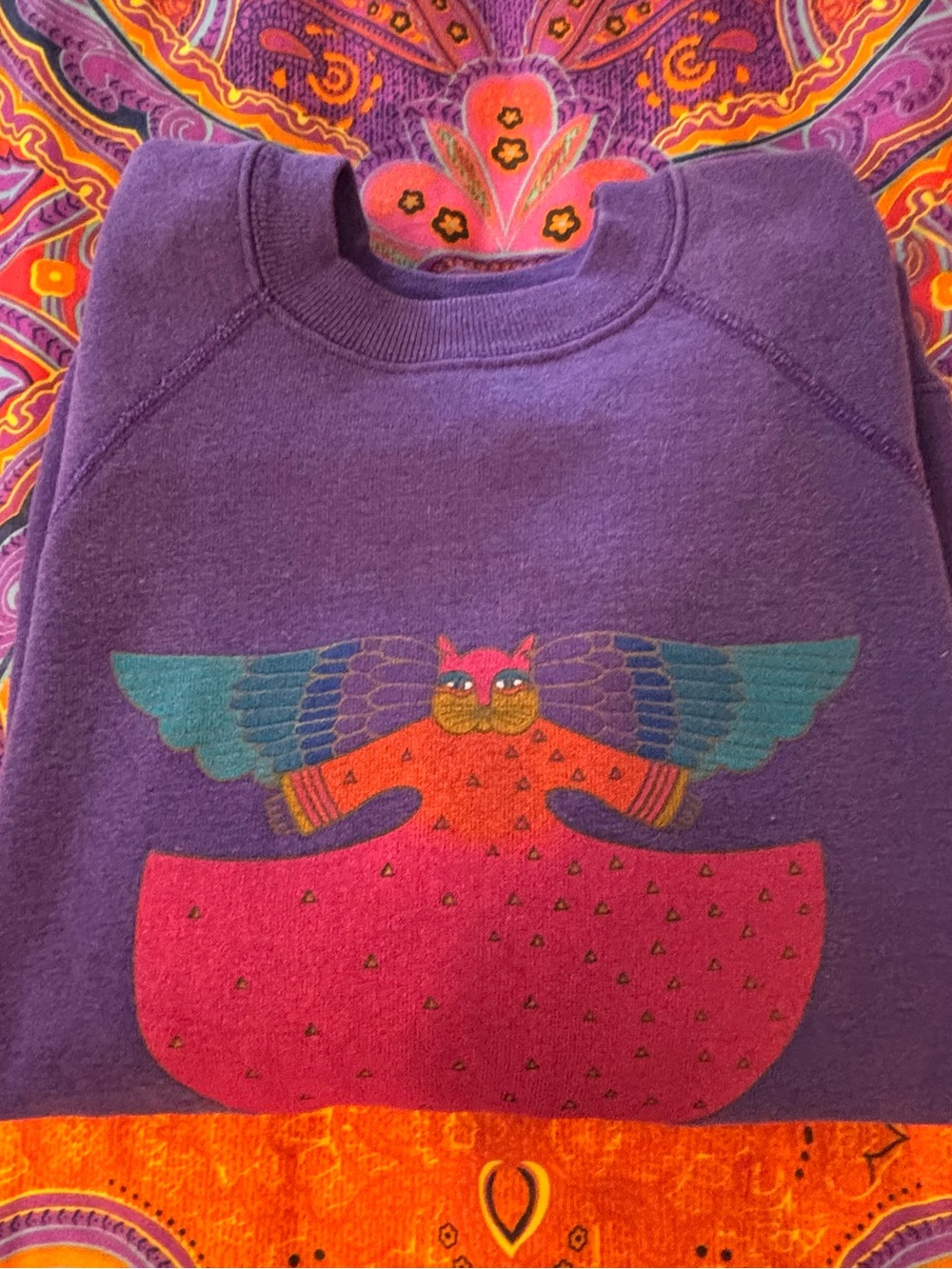 Vtg 90s Laurel Burch Cat Angel Purple Sweatshirt Sz XL